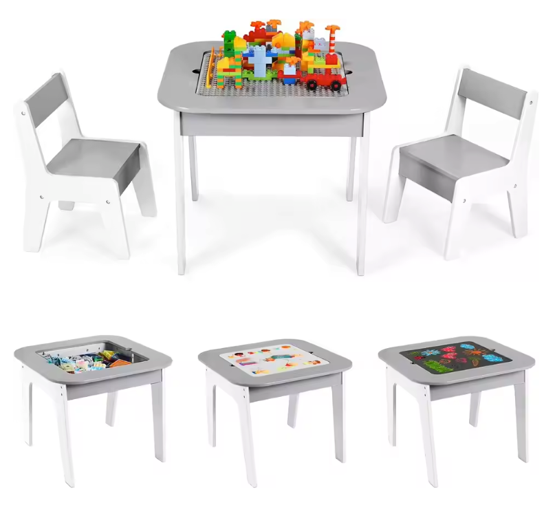 Kinder Speeltafel met 2 Stoelen – 4-in-1 Activiteitentafel met Opbergruimte en Bouwplaat