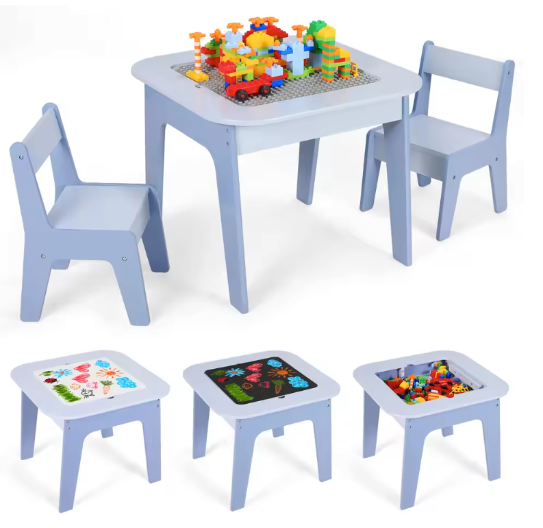 Kinder Speeltafel met 2 Stoelen – 4-in-1 Activiteitentafel met Opbergruimte en Bouwplaat