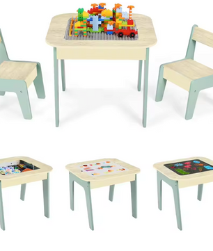 Kinder Speeltafel met 2 Stoelen – 4-in-1 Activiteitentafel met Opbergruimte en Bouwplaat