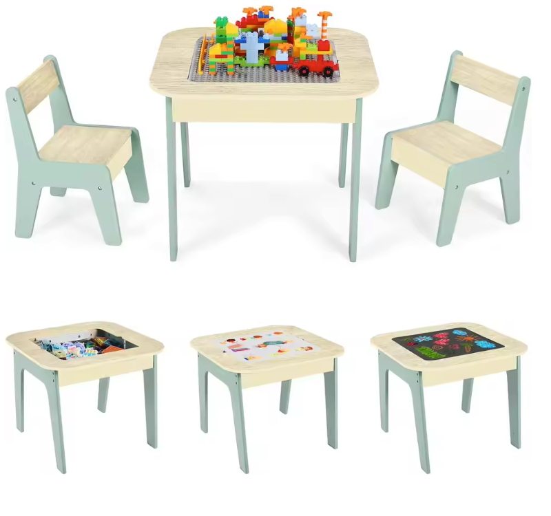 Kinder Speeltafel met 2 Stoelen – 4-in-1 Activiteitentafel met Opbergruimte en Bouwplaat