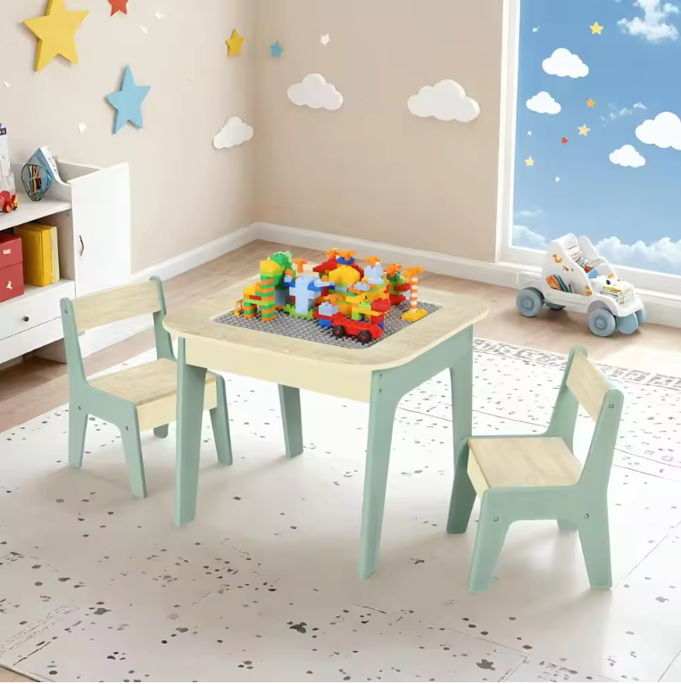 Kinder Speeltafel met 2 Stoelen – 4-in-1 Activiteitentafel met Opbergruimte en Bouwplaat