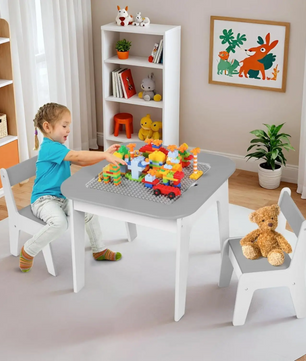Kinder Speeltafel met 2 Stoelen – 4-in-1 Activiteitentafel met Opbergruimte en Bouwplaat