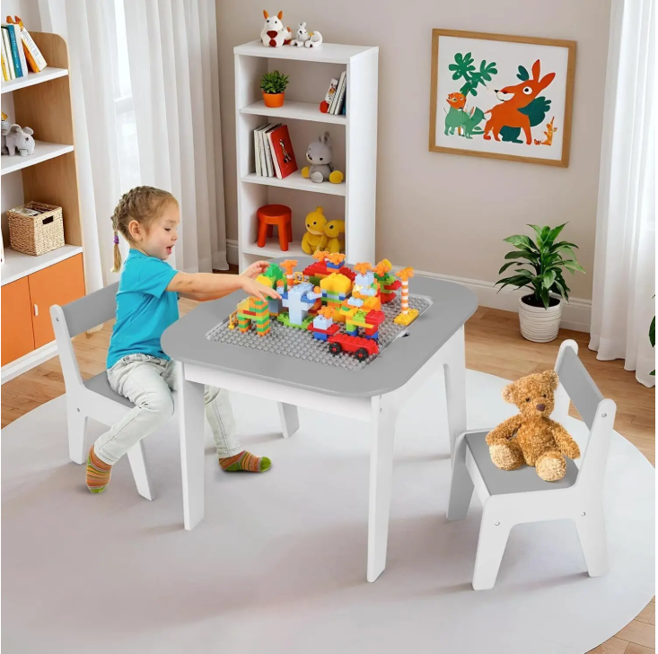 Kinder Speeltafel met 2 Stoelen – 4-in-1 Activiteitentafel met Opbergruimte en Bouwplaat
