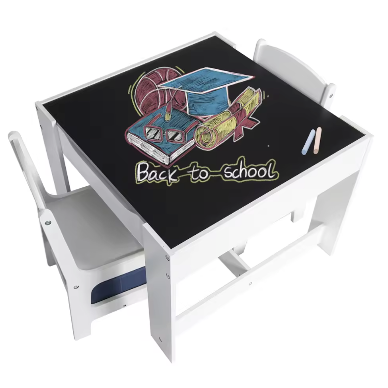 Kinder Tafel met 2 Stoelen – Houten Speeltafel met Opbergruimte en Dubbelzijdig Blad