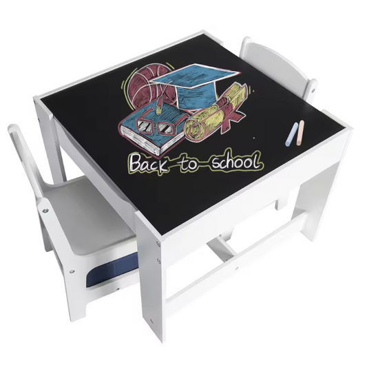 Kinder Tafel met 2 Stoelen – Houten Speeltafel met Opbergruimte en Dubbelzijdig Blad