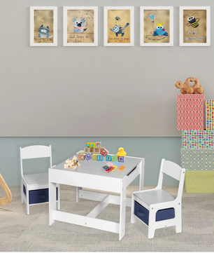 Kinder Tafel met 2 Stoelen – Houten Speeltafel met Opbergruimte en Dubbelzijdig Blad