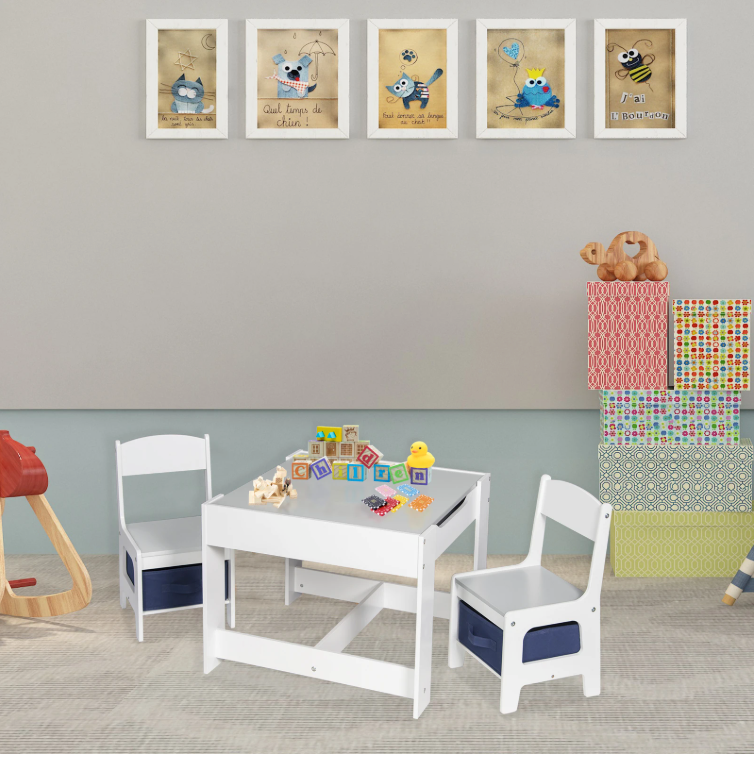 Kinder Tafel met 2 Stoelen – Houten Speeltafel met Opbergruimte en Dubbelzijdig Blad