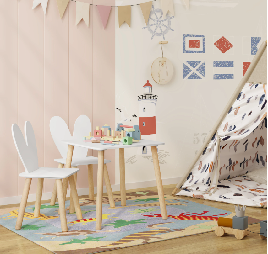 Kinder Tafel met 2 Stoelen – Houten Speeltafel voor Leren, Tekenen en Spelen