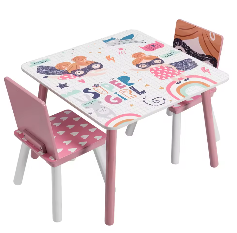 Kinder Tafel met 2 Stoelen – Houten Speeltafel voor Leren, Tekenen en Spelen