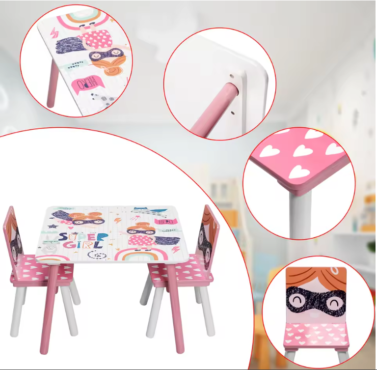 Kinder Tafel met 2 Stoelen – Houten Speeltafel voor Leren, Tekenen en Spelen