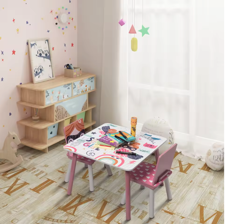 Kinder Tafel met 2 Stoelen – Houten Speeltafel voor Leren, Tekenen en Spelen