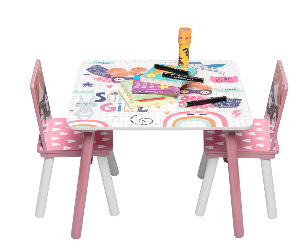 Kinder Tafel met 2 Stoelen – Houten Speeltafel voor Leren, Tekenen en Spelen