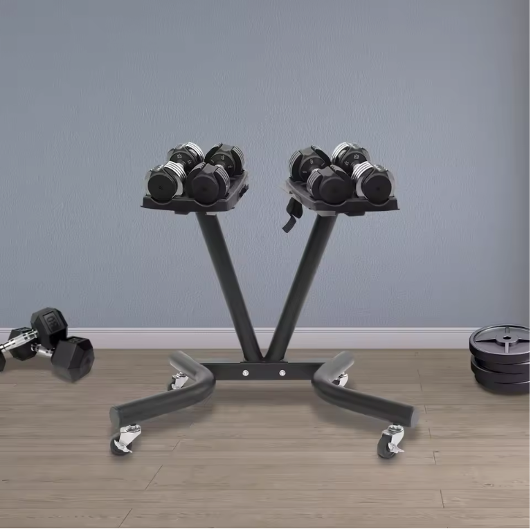 V-Vormig Halterrek met Wielen – Verstelbare Dumbbell Standaard voor Thuisgym en Fitnessruimte