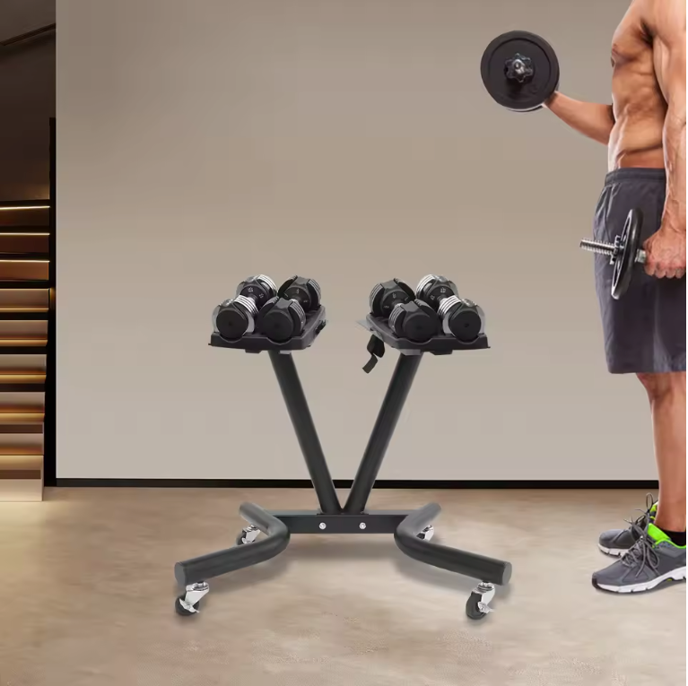 V-Vormig Halterrek met Wielen – Verstelbare Dumbbell Standaard voor Thuisgym en Fitnessruimte