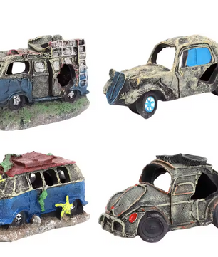 Auto Wrak Aquarium Decoratie – Hars Ornament met Schuilplaats voor Vissen en Aquatische Dieren