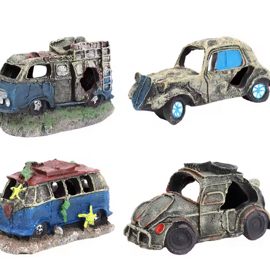 Auto Wrak Aquarium Decoratie – Hars Ornament met Schuilplaats voor Vissen en Aquatische Dieren