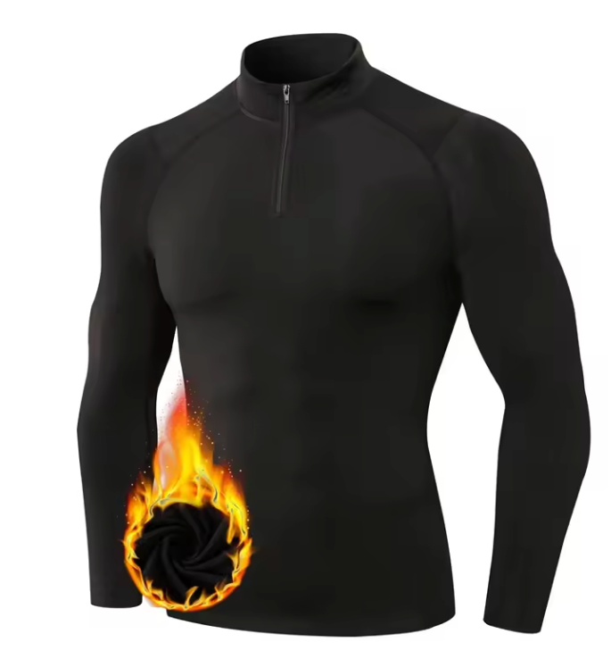 Thermisch Compressie Shirt Heren – Fleece Gevoerd, Ritskraag en Sneldrogend