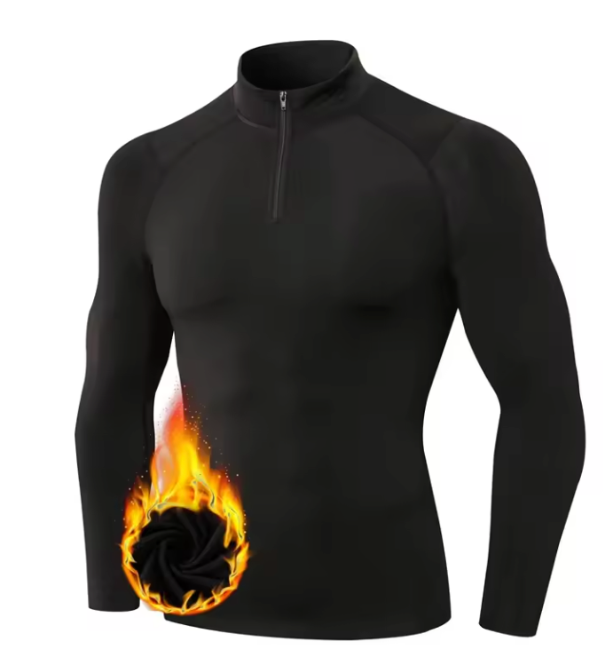 Thermisch Compressie Shirt Heren – Fleece Gevoerd, Ritskraag en Sneldrogend
