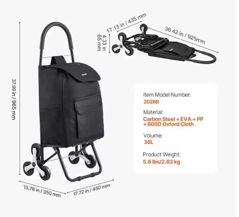 Traploper Boodschappentrolley 36L – Opvouwbaar, Sterk Frame en 6 Wielen