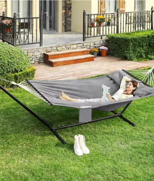 Hangmat met Houten Spreidstokken – 210×150 cm, Inclusief Kussens en Draagbaar