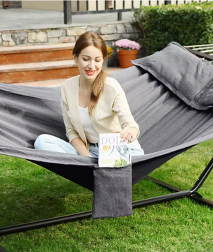 Hangmat met Houten Spreidstokken – 210×150 cm, Inclusief Kussens en Draagbaar