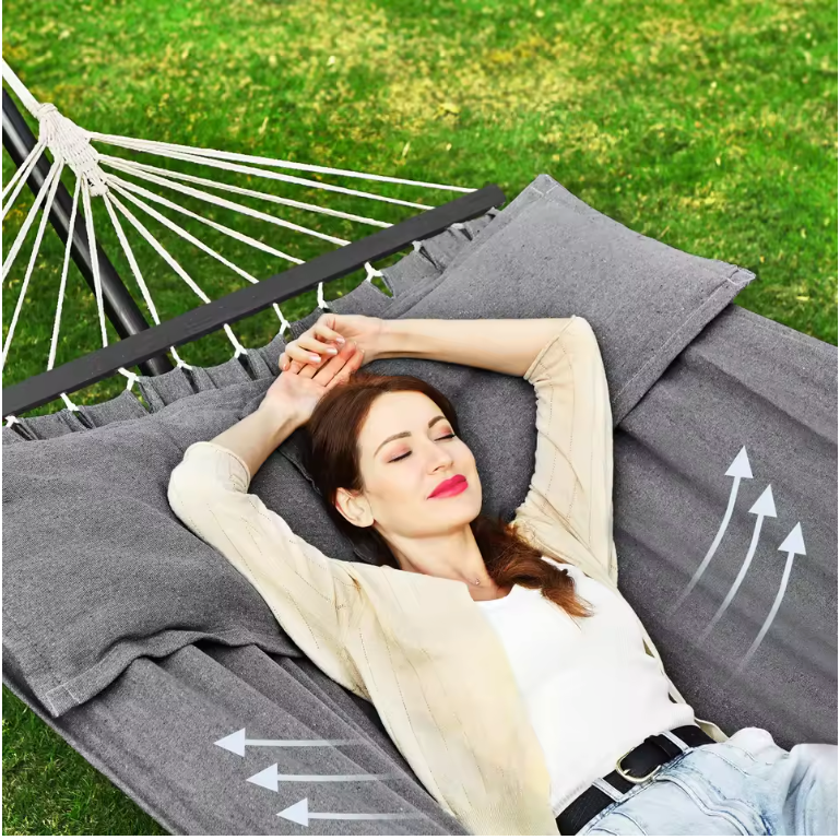 Hangmat met Houten Spreidstokken – 210×150 cm, Inclusief Kussens en Draagbaar