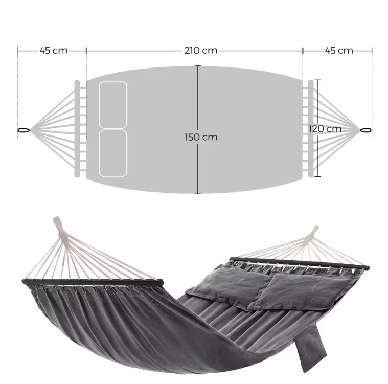 Hangmat met Houten Spreidstokken – 210×150 cm, Inclusief Kussens en Draagbaar