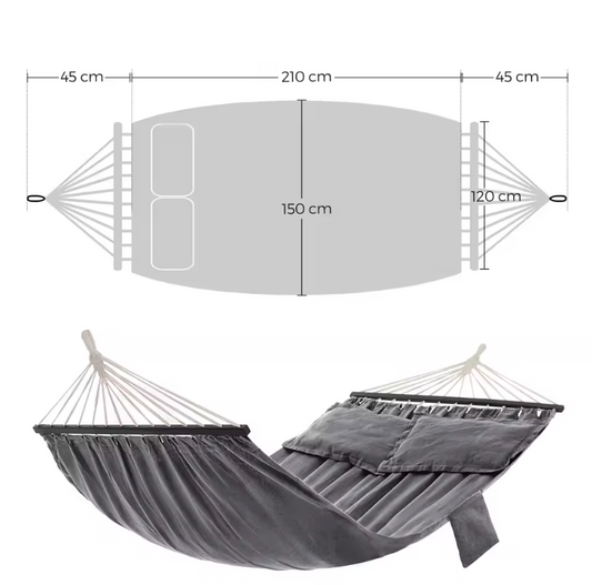Hangmat met Houten Spreidstokken – 210×150 cm, Inclusief Kussens en Draagbaar