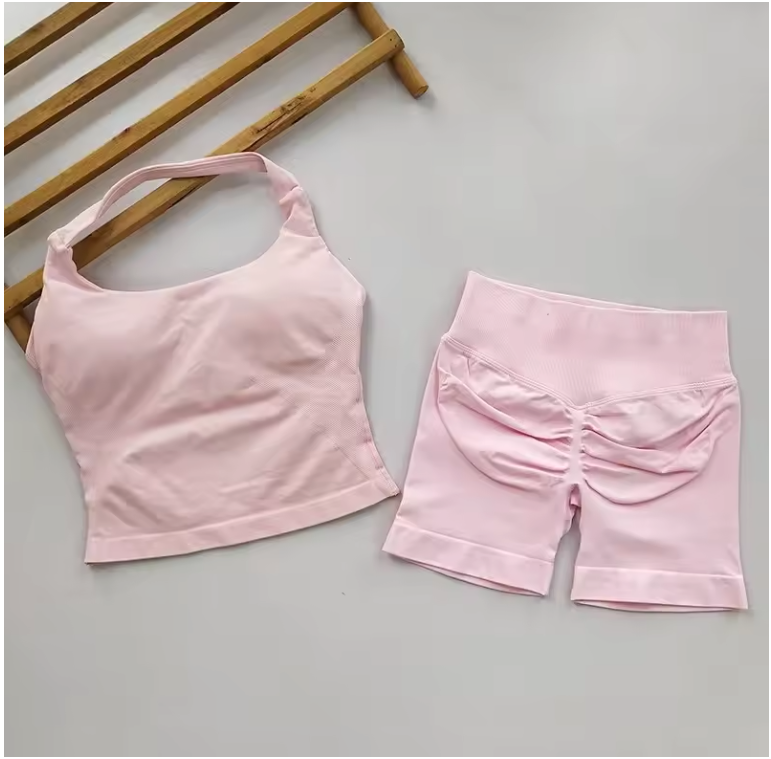 Dames Sportset 2-Delig – Backless Halter Top en High Waist Shorts Seamless