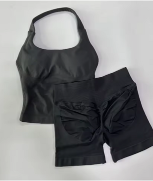 Dames Sportset 2-Delig – Backless Halter Top en High Waist Shorts Seamless