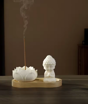 Keramische Lotus Wierookhouder – Monnik Incense Brander met Houten Tray voor Meditatie en Yoga