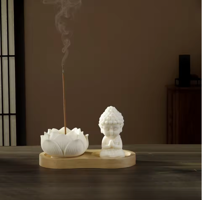 Keramische Lotus Wierookhouder – Monnik Incense Brander met Houten Tray voor Meditatie en Yoga