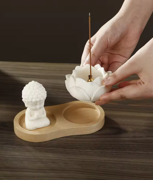 Keramische Lotus Wierookhouder – Monnik Incense Brander met Houten Tray voor Meditatie en Yoga