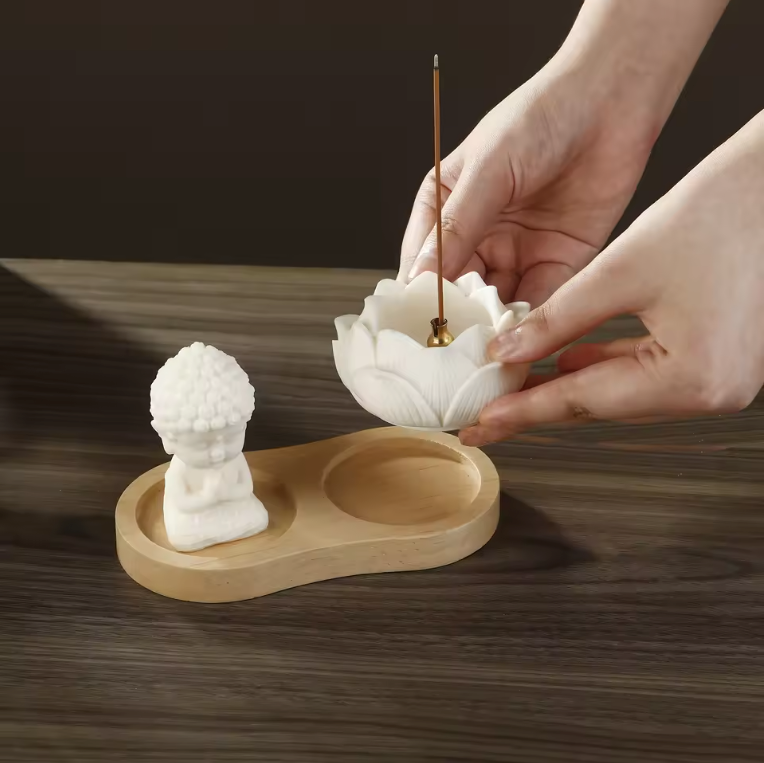 Keramische Lotus Wierookhouder – Monnik Incense Brander met Houten Tray voor Meditatie en Yoga