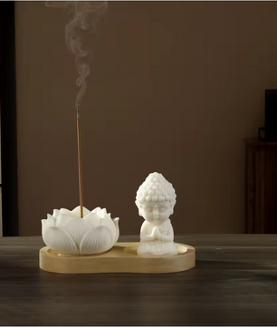 Keramische Lotus Wierookhouder – Monnik Incense Brander met Houten Tray voor Meditatie en Yoga