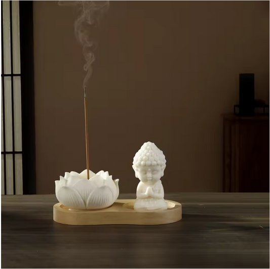 Keramische Lotus Wierookhouder – Monnik Incense Brander met Houten Tray voor Meditatie en Yoga