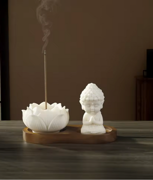 Keramische Lotus Wierookhouder – Monnik Incense Brander met Houten Tray voor Meditatie en Yoga