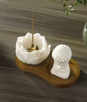 Keramische Lotus Wierookhouder – Monnik Incense Brander met Houten Tray voor Meditatie en Yoga