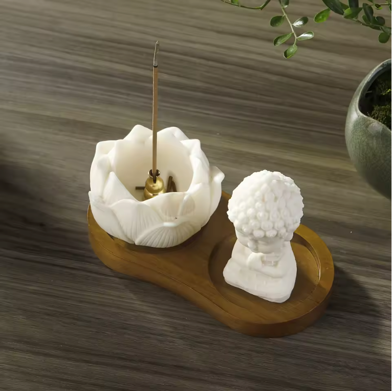 Keramische Lotus Wierookhouder – Monnik Incense Brander met Houten Tray voor Meditatie en Yoga