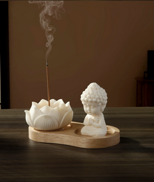 Keramische Lotus Wierookhouder – Monnik Incense Brander met Houten Tray voor Meditatie en Yoga