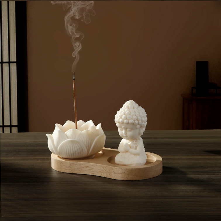 Keramische Lotus Wierookhouder – Monnik Incense Brander met Houten Tray voor Meditatie en Yoga