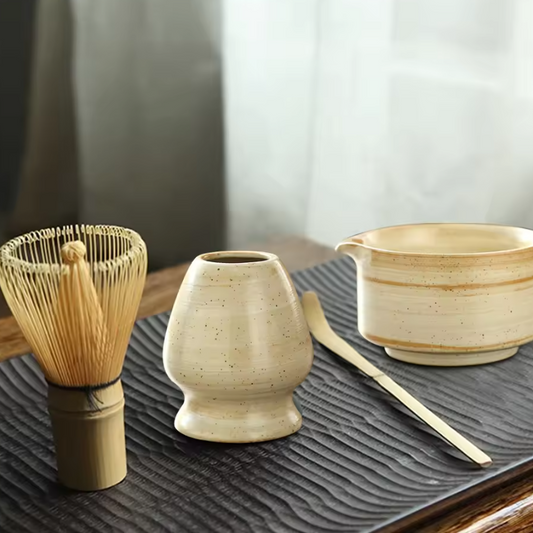 4-delige Japanse Matcha Thee Set – Bamboe Klopper, Lepel, Kom en Keramische Houder, Traditionele Theeceremonie Accessoires