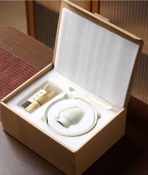 4-delige Japanse Matcha Thee Set – Bamboe Klopper, Lepel, Kom en Keramische Houder, Traditionele Theeceremonie Accessoires
