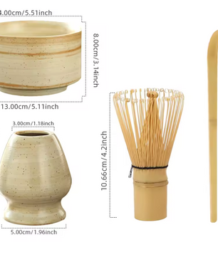 4-delige Japanse Matcha Thee Set – Bamboe Klopper, Lepel, Kom en Keramische Houder, Traditionele Theeceremonie Accessoires
