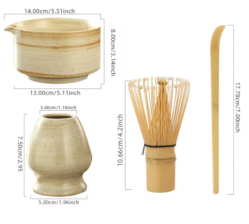 4-delige Japanse Matcha Thee Set – Bamboe Klopper, Lepel, Kom en Keramische Houder, Traditionele Theeceremonie Accessoires