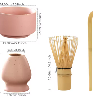 4-delige Japanse Matcha Thee Set – Bamboe Klopper, Lepel, Kom en Keramische Houder, Traditionele Theeceremonie Accessoires