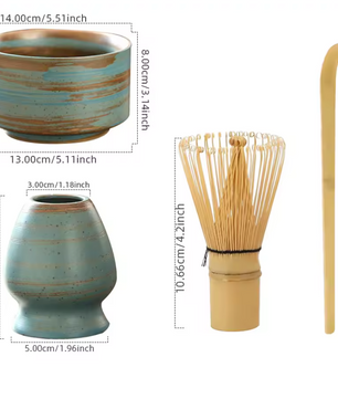 4-delige Japanse Matcha Thee Set – Bamboe Klopper, Lepel, Kom en Keramische Houder, Traditionele Theeceremonie Accessoires