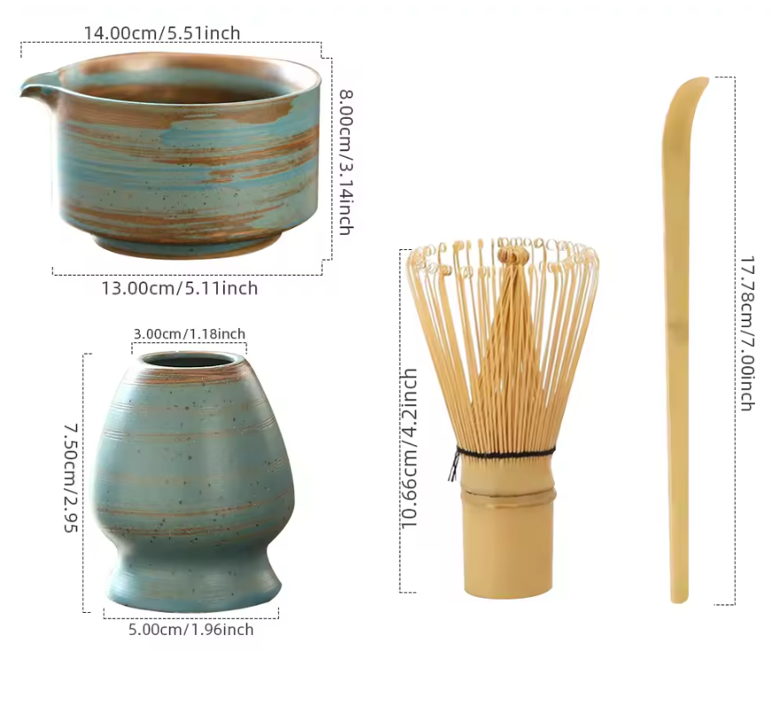 4-delige Japanse Matcha Thee Set – Bamboe Klopper, Lepel, Kom en Keramische Houder, Traditionele Theeceremonie Accessoires