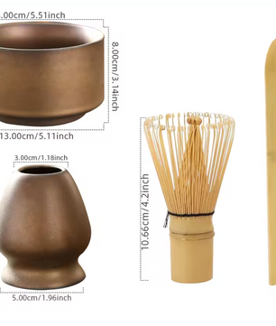 4-delige Japanse Matcha Thee Set – Bamboe Klopper, Lepel, Kom en Keramische Houder, Traditionele Theeceremonie Accessoires