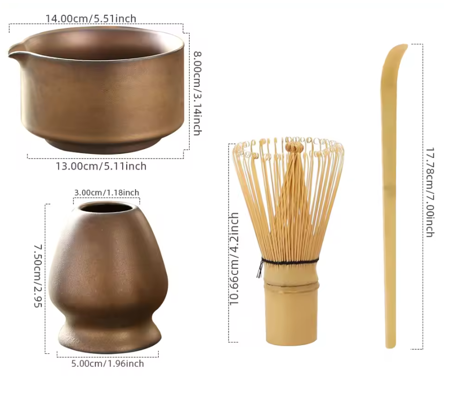 4-delige Japanse Matcha Thee Set – Bamboe Klopper, Lepel, Kom en Keramische Houder, Traditionele Theeceremonie Accessoires